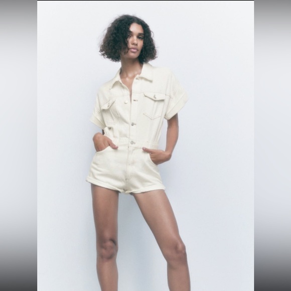 Zara White Short Sleeve Denim Romper - Picture 2 of 2